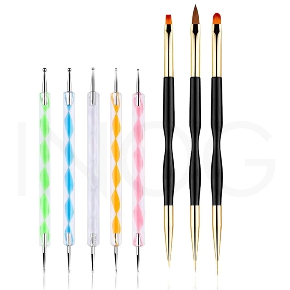 INOG 8pcs Nail Art Brushes Set-5pcs Dotting Pens with 3pcs Nail Painting Brushes, Double Ended Brush and Dotting Tool Kit, Nail Art Design Tools