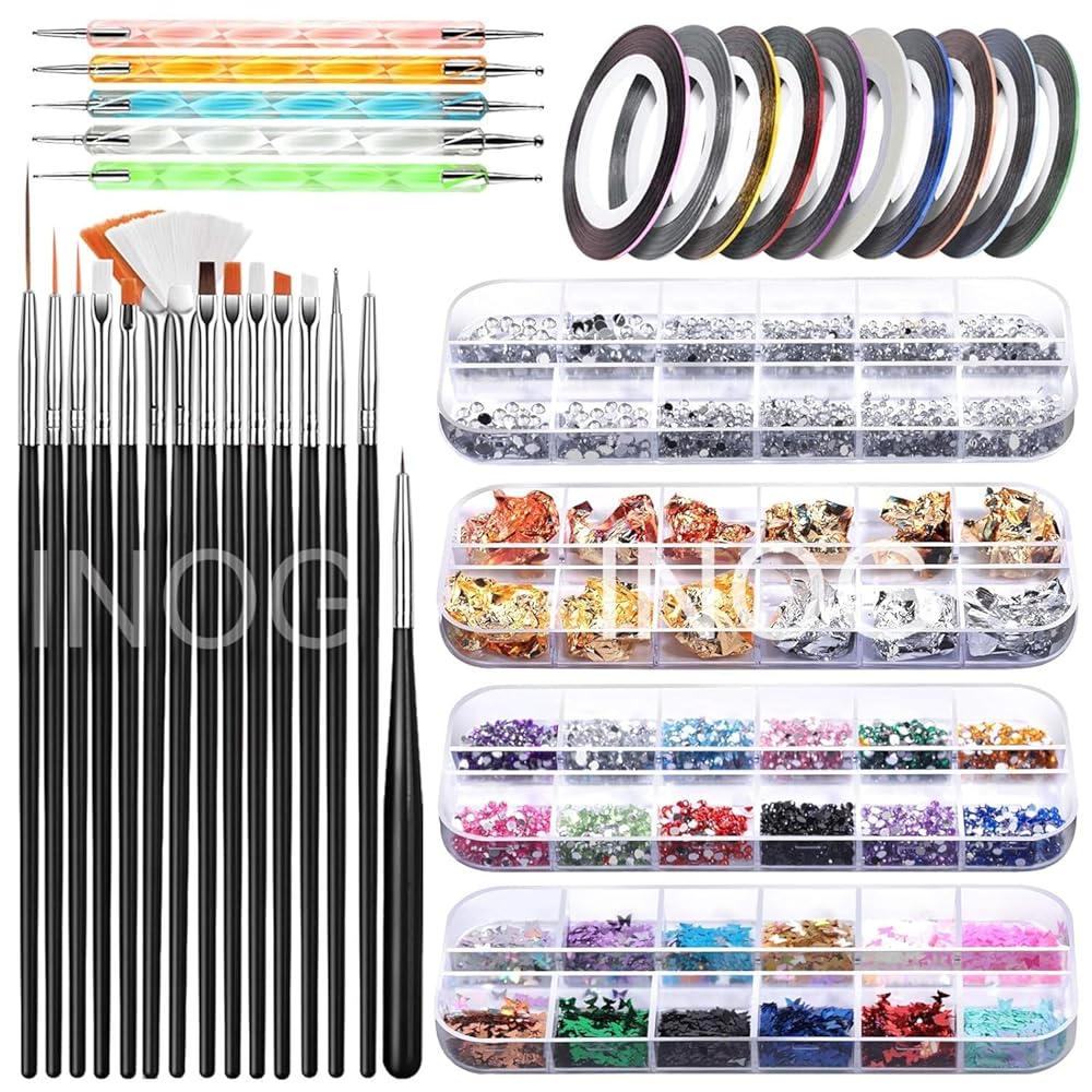 INOG Nail Art Decorations Kit, Nail Art Brush with Nail Pen Designer Dotting Tools Colors Holographic Butterfly Nail Glitter Foil Flakes Nail Tape Strips and Multi-Color Nails...