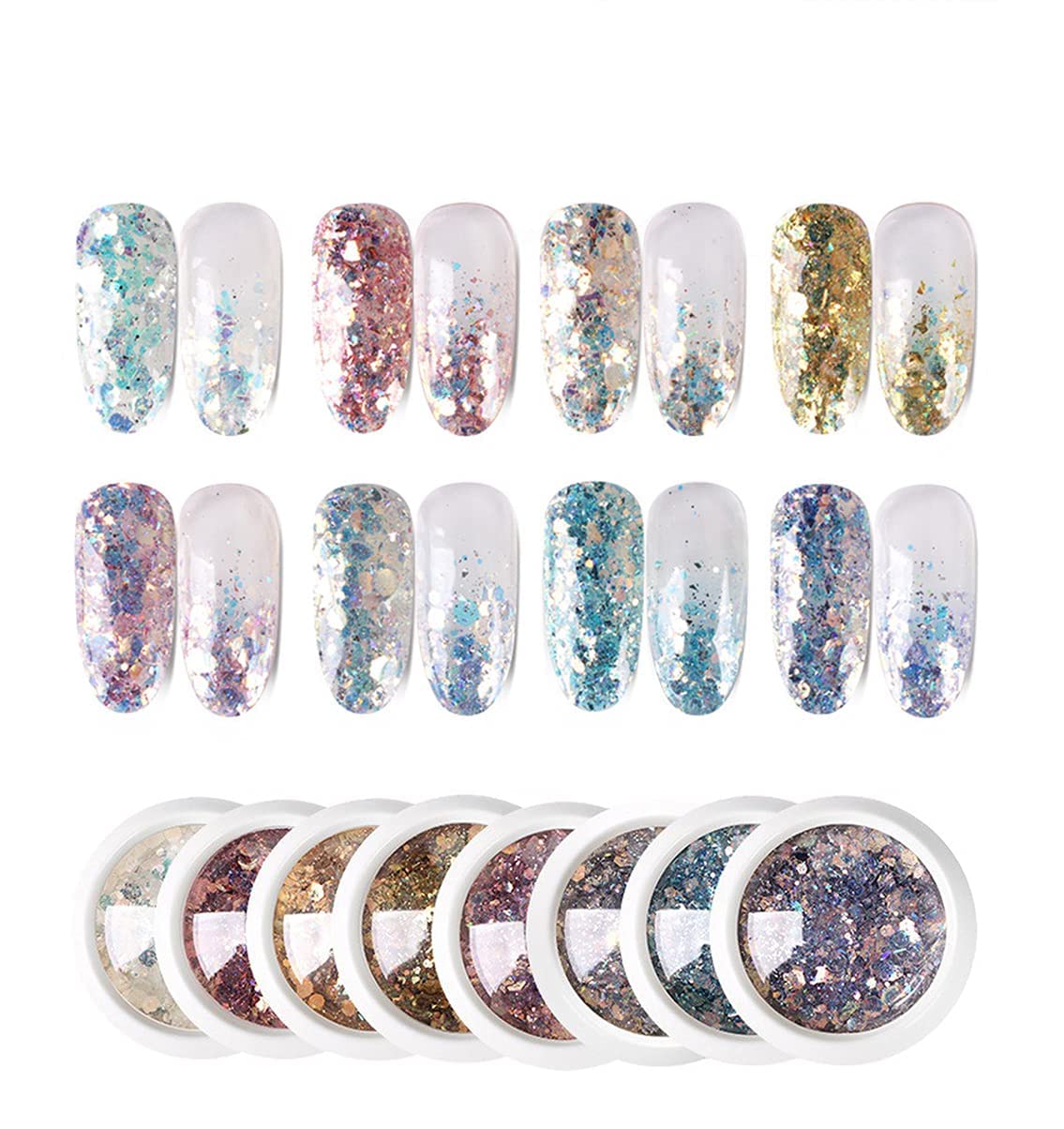 INOG Nail Art Gradient Glitter Magic Color Changing Laser Thin Sequins Mixed Mirror Hexagon Shape Mermaid Flakes Spangles Palette Craft Glitters Holographic Manicure D.I.Y (8 PCS)