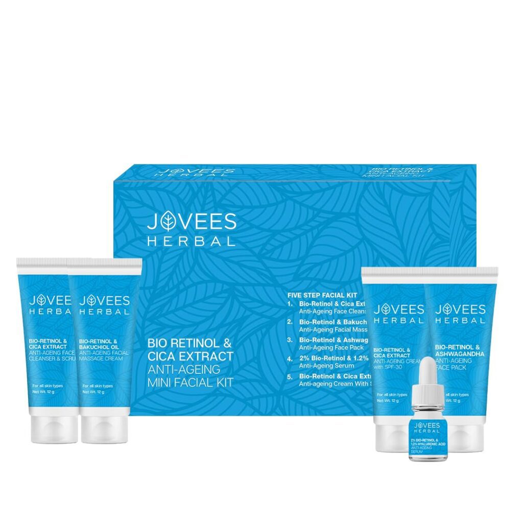 Jovees Herbal Bio Retinol & Cica Extract Anti Ageing Mini Facial Kit For Ageing, Wrinkles, Fine Lines & Dark Spots With Bakuchiol Oil | 5 Step Facial Kit For All Skin Types 53g