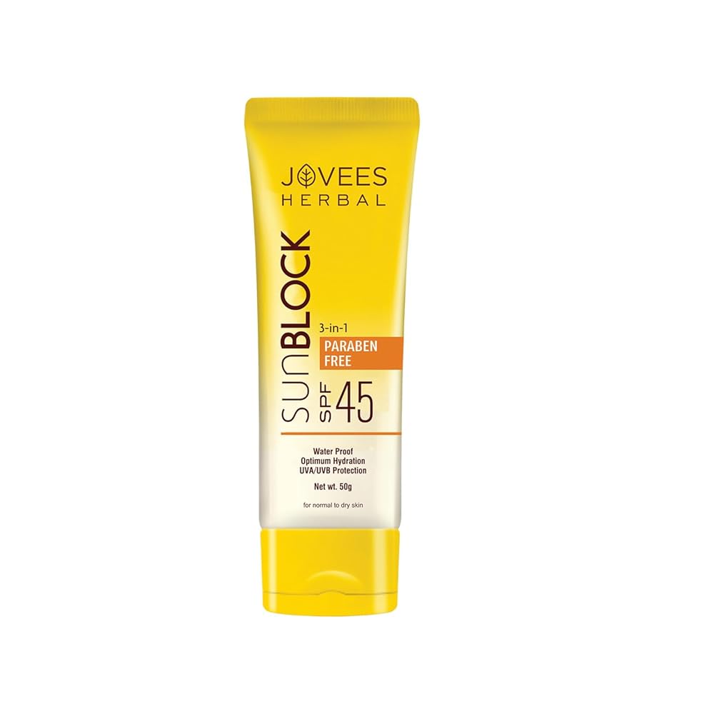 Jovees Herbal Sun Block SPF 45 For Even Toned & Glowing Skin | Suitable For Dry Skin | Sunscreen for UVA/UVB & Blue Light Protection | Lightweight & Non Grassy for Men & Women 50g