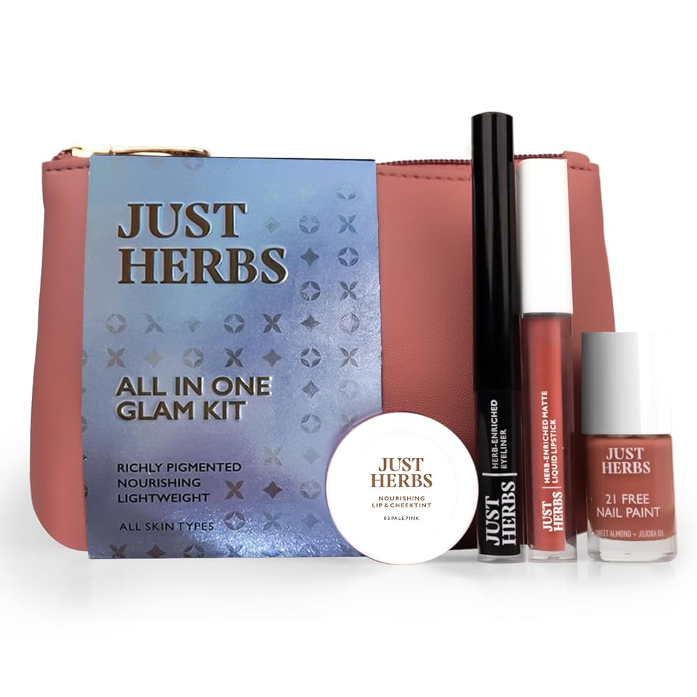 Just Herbs All in 1 Glam Kit Travel Frindly Gifting Pouch for Women (Lip & Cheeck Tint, Liquid Lipstick, Nail Paint, Eyeliner)