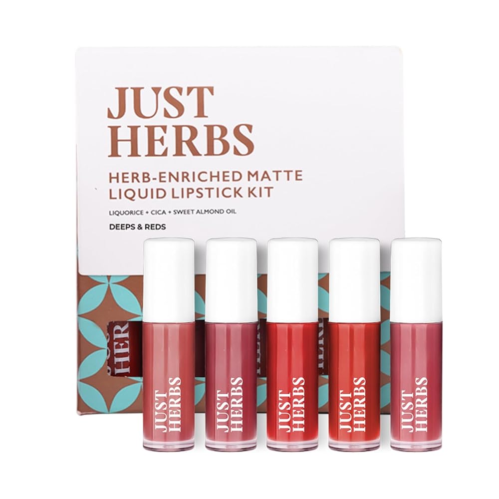 Just Herbs Ayurvedic Liquid Lipstick Kit Set of 5 with Long Lasting Matte Finish, Hydrating & Lightweight Lip Colour, Deeps & Reds - Paraben & Silicon Free - 5 ml