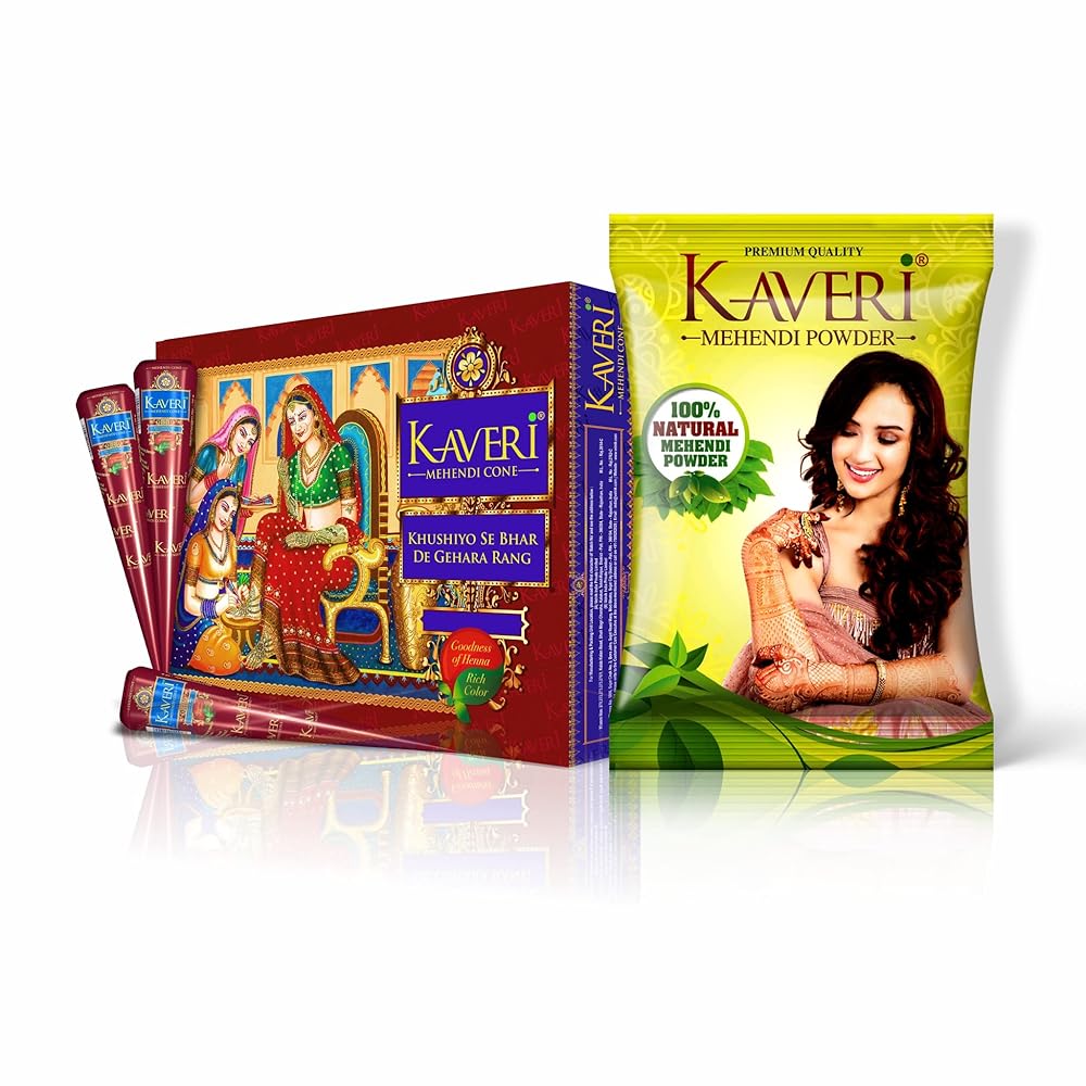 KAVERi MEHENDI CONE Natural Herbal Mehandi Cones For Hand Designing (12Pc In 1 Box) & 100% Herbal Henna Powder With No Added Chemicals | Organic Powder For Natural Hair Color...
