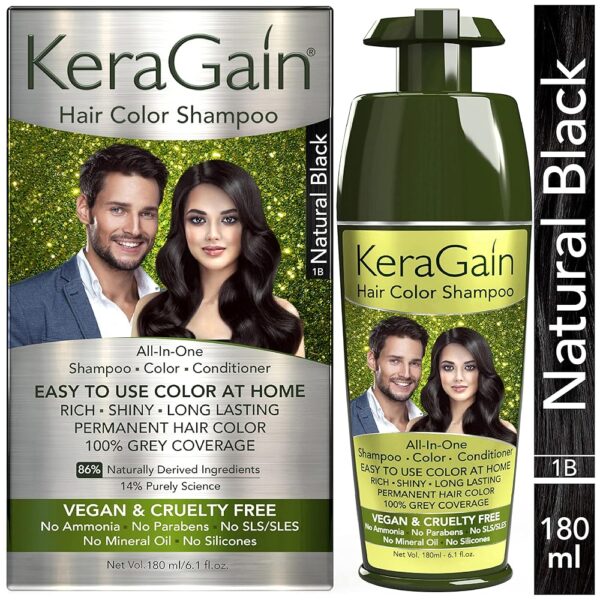 KERAGAIN Hair Color Shampoo (Natural Black,180Ml) PPD Free, Ammonia Free Permanent Hair Colour For Women & Men, |Vegan & Cruelty-Free| Keratin Treatment Included
