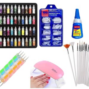 Khelni Nail Art Kit - 48 Pcs Glass Bottles Glitter Stones, 100 Nails, Nail UV Lamp, 15 Nail Art brush, 5 Nail Dotting Pen with 1 Glue