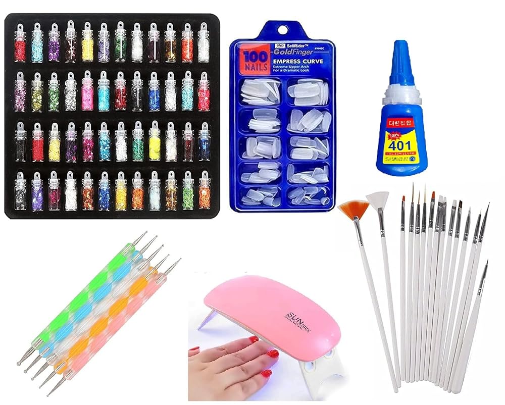 Khelni Nail Art Kit - 48 Pcs Glass Bottles Glitter Stones, 100 Nails, Nail UV Lamp, 15 Nail Art brush, 5 Nail Dotting Pen with 1 Glue
