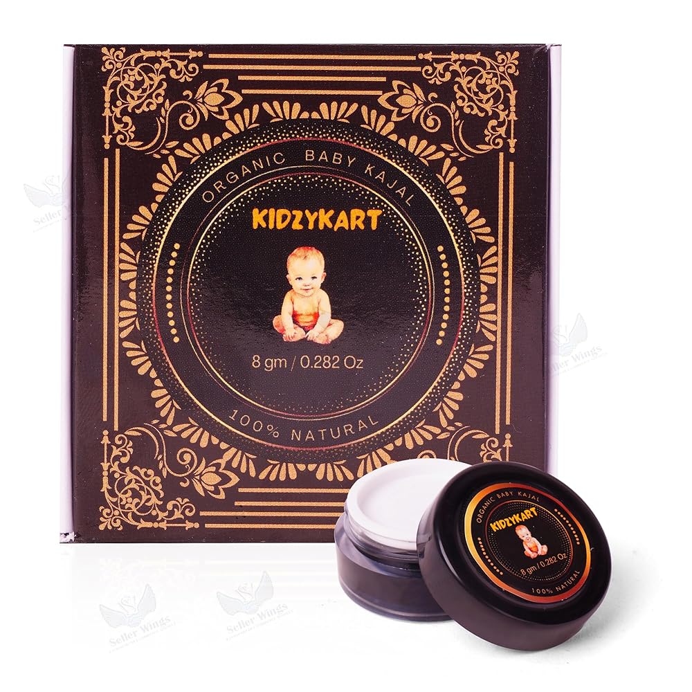 Kidzykart Organic Baby Kajal for New Born, Water Resistant, Smudgeproof, with Almond & Pure Ghee, Nourishes & Thicken Baby Eyeslashes - Matte Finish (8g)