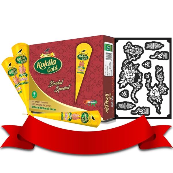 Kokila Bridal Special Premium Gold Mehendi Cones - 1 Box (12 Cones - 35g Each Cone) - 100% Natural, No Chemicals & Henna Stencil