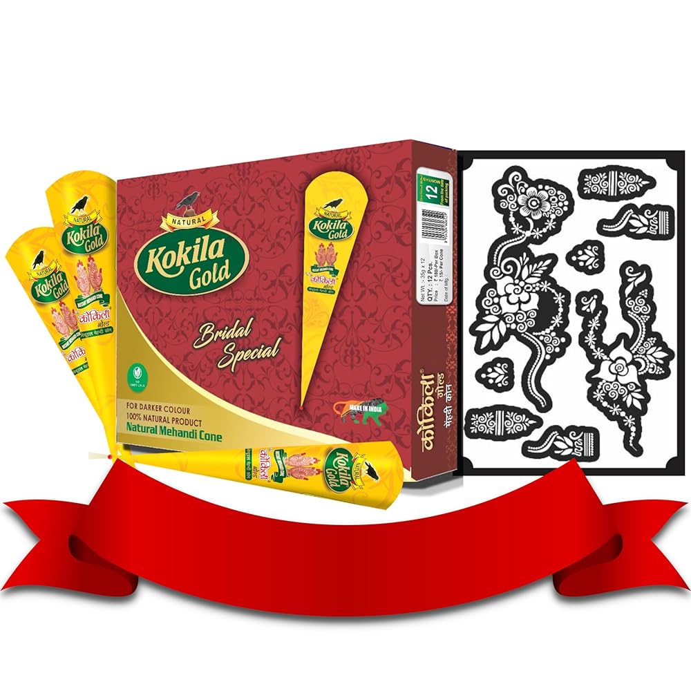 Kokila Bridal Special Premium Gold Mehendi Cones - 1 Box (12 Cones - 35g Each Cone) - 100% Natural, No Chemicals & Henna Stencil