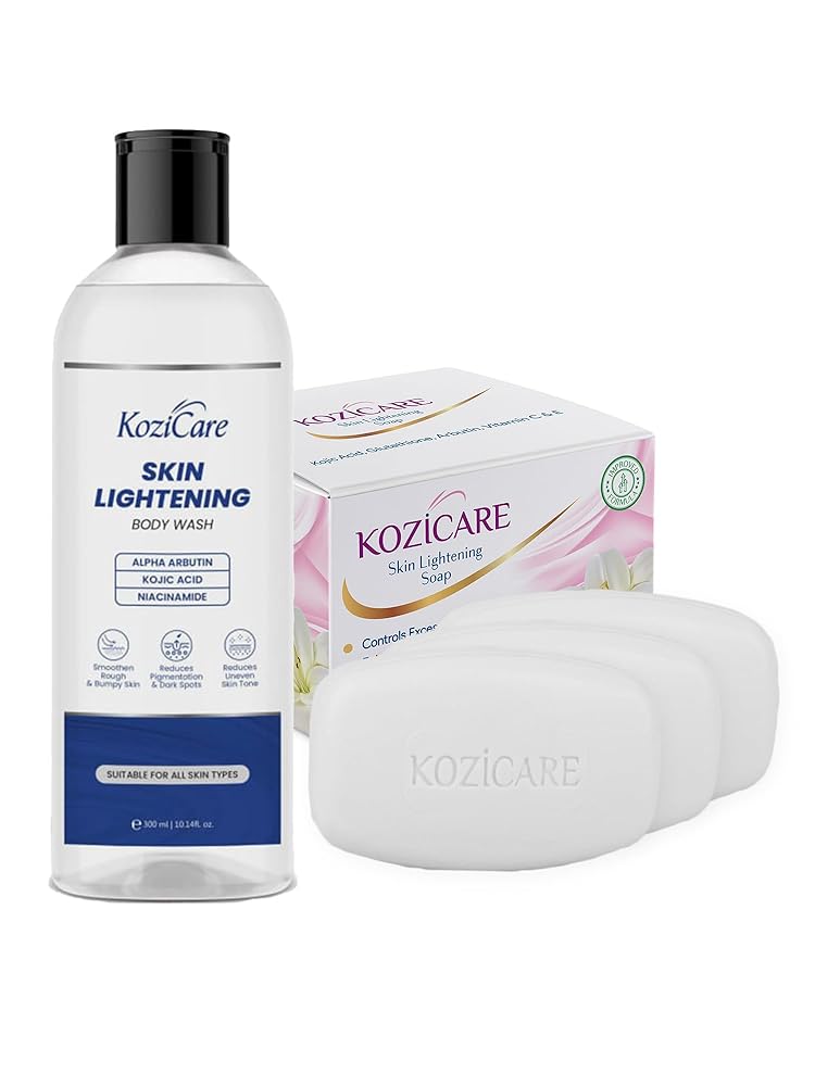 Kozicare Skin Whitening Soap | 3 Soaps For Bath & 1 Kojic Acid Body Wash | Body Tan Removal Soap | TFM Grade 1 Soaps For Bath| Body Wash Shower Gel | Bath Soap Combo Offers |...