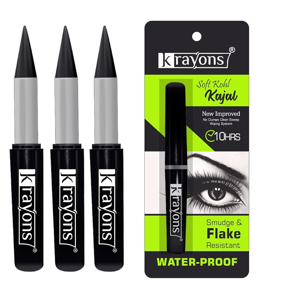 Krayons Kajal Super Black, Water proof, Smudgeproof, Long lasting, 2gm Each, Combo (Pack of 3)
