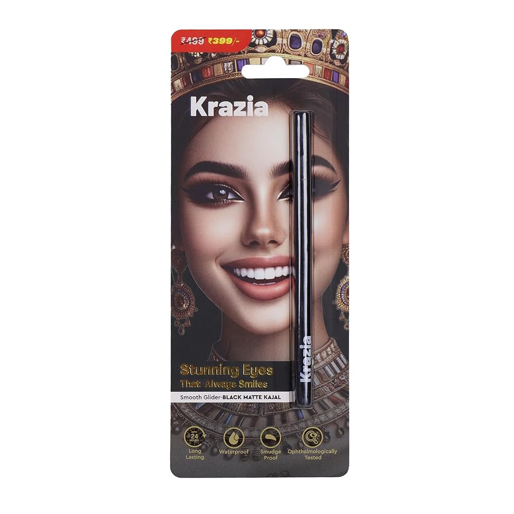 Krazia Egyptian Black Matte Pencil Kajal, Waterproof, Retractable, Smudgeproof & Long Lasting Eye Makeup Kajal With Matte Finish | Enriched With Almond Oil | 0.40g