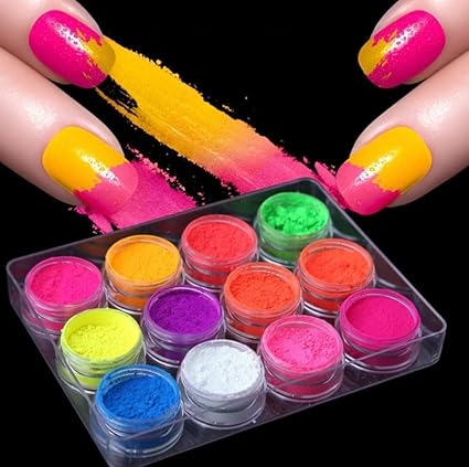 Kreni 12 COLOR Luminous Dipping Nail Powder Kit Fluorescent Nail Glitter Dip Powder -multicolor