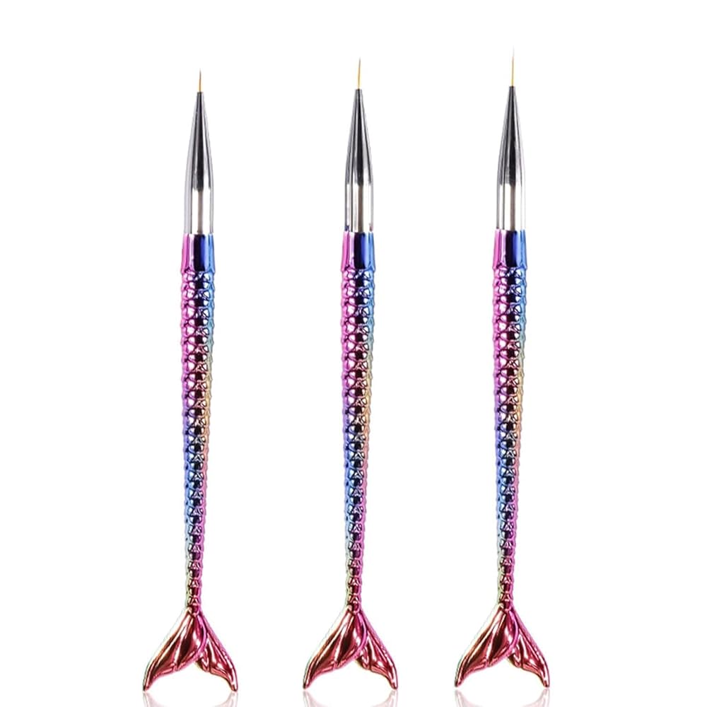 Kreni 3Pcs/Set Nail Art Detail Brush Set Fine Line Painting Pens With Mermaid Color Fish Shape Handle 3 Size Nail Art Liner And Striping Brushes Kit