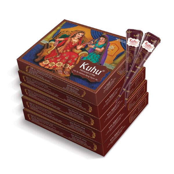 Kuhu Hand Designing | Without Chemical | Long Lasting | for Men Women | of 12 Pieces | Natural Mehandi Cone - 350 GRM (Pack of 5, Brown)
