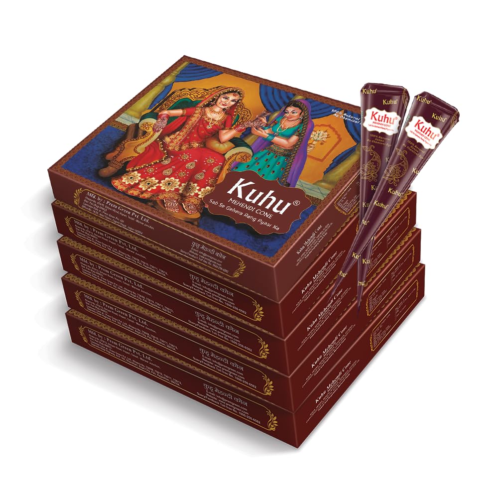 Kuhu Hand Designing | Without Chemical | Long Lasting | for Men Women | of 12 Pieces | Natural Mehandi Cone - 350 GRM (Pack of 5, Brown)