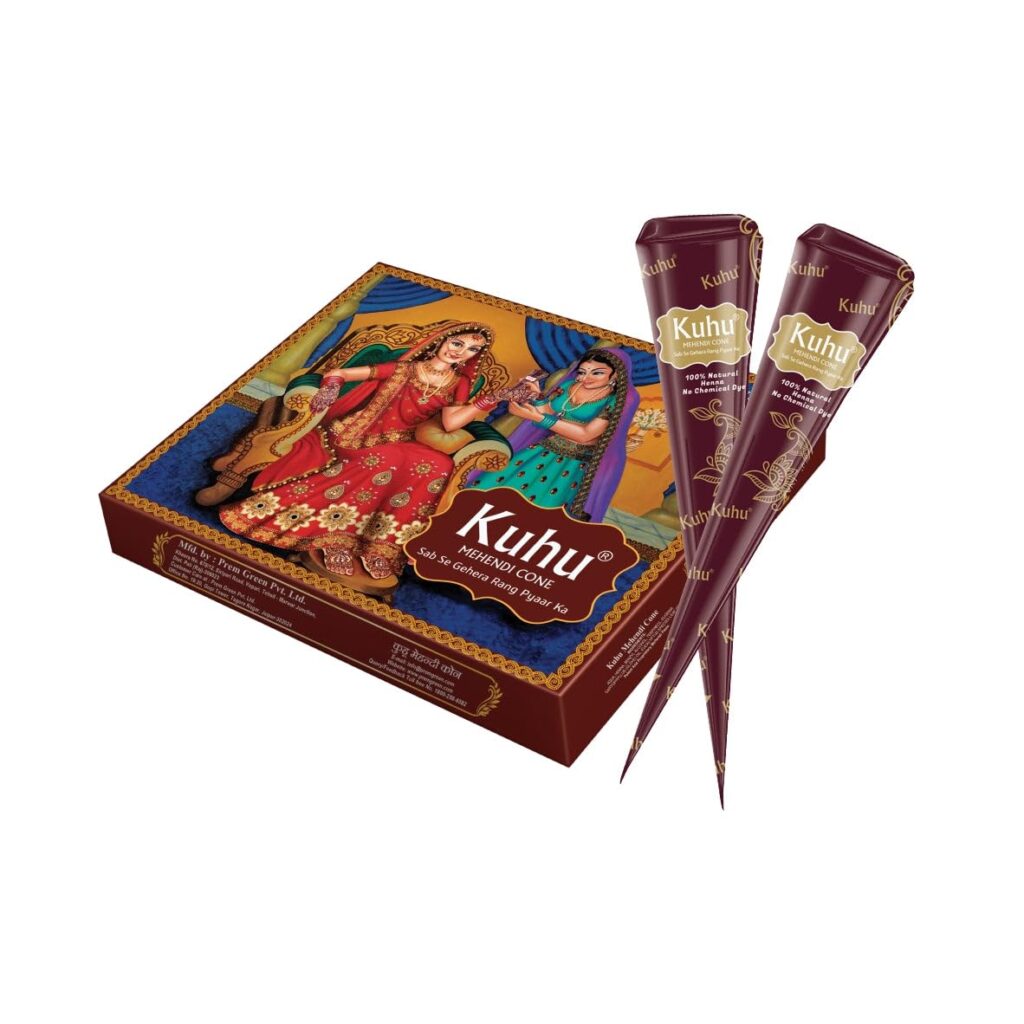 Kuhu Natural Henna-Based Mehendi Cones (Set of 12 Cones) for Temporary Hand Art & Freckles – Chemical-Free, Red Delight Box – Perfect for Women & Girls
