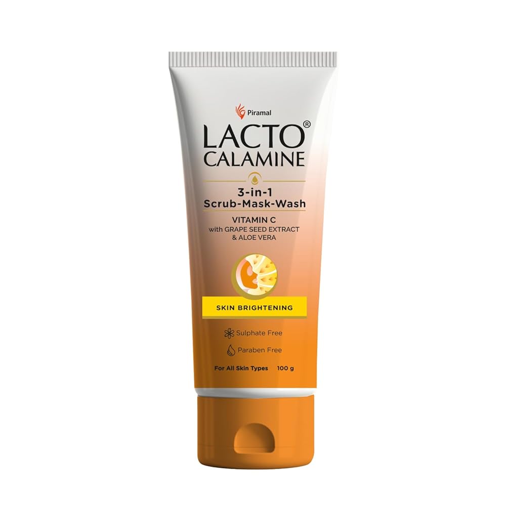 Lacto Calamine 3-in-1 Vitamin C Face Scrub-Mask-Wash for Skin Brightening Effect | 100ml x 1 | Multi-action Vitamin C Face Wash, Face Scrub, Face Mask with Kaolin Clay, Grape...