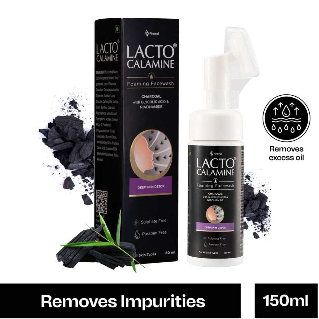 Lacto Calamine Charcoal Foaming Face Wash with Niacinamide & Glycolic Acid for detox (150ml) - Lacto Calamine