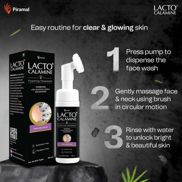 Lacto Calamine Charcoal Foaming Face Wash with Niacinamide & Glycolic Acid for detox (150ml) - Lacto Calamine