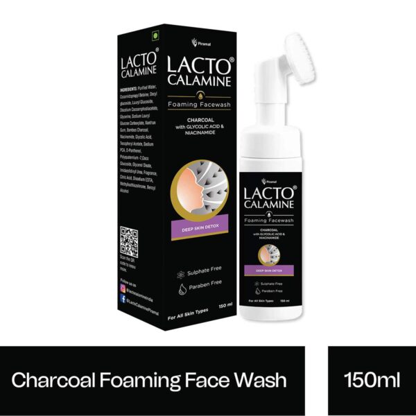 Lacto Calamine Charcoal Foaming Face Wash with Niacinamide & Glycolic Acid for detox (150ml) - Lacto Calamine