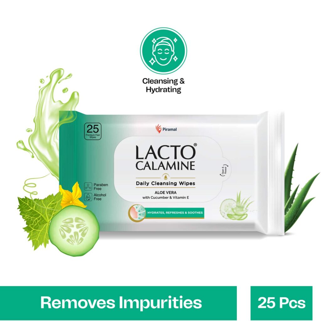 Lacto Calamine Daily Cleansing Face-Makeup Wet Wipes With Aloe Vera, Cucumber & Vitamin E-PO1 (25Pcs) - Lacto Calamine
