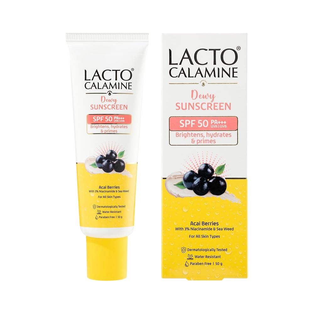 Lacto Calamine Dewy Sunscreen SPF 50 PA+++ | 50g | Water Resistant, No White Cast, UVA & UVB Protection | Sunscreen SPF50 + Primer | Acai Berries, Niacinamide & Watermelon |...