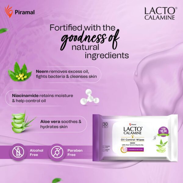 Lacto Calamine Oil Control Face wet Wipes, Removes Makeup With Neem,Aloe Vera & Niacinamide (30Pcs) - Lacto Calamine