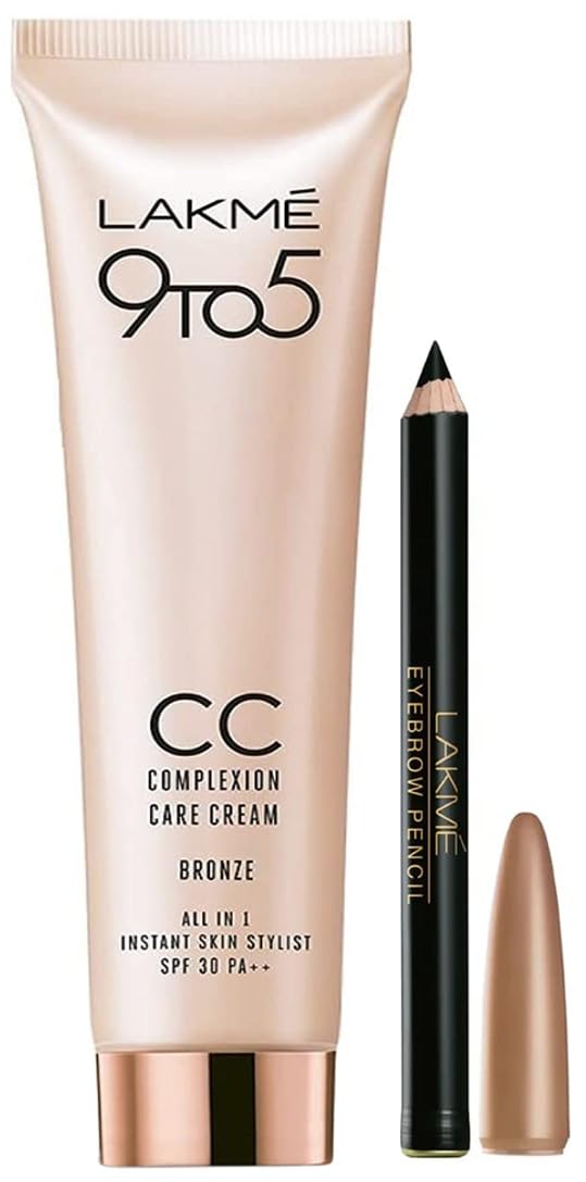LAKMÉ 9 To 5 Complexion Care Natural Finish Full Coverage Face Cc Cream, Bronze, Spf 30, Conceals Dark Spots & Blemishes For Acne Prone Skin, 30G & Eyebrow Pencil, Black, 1.2G