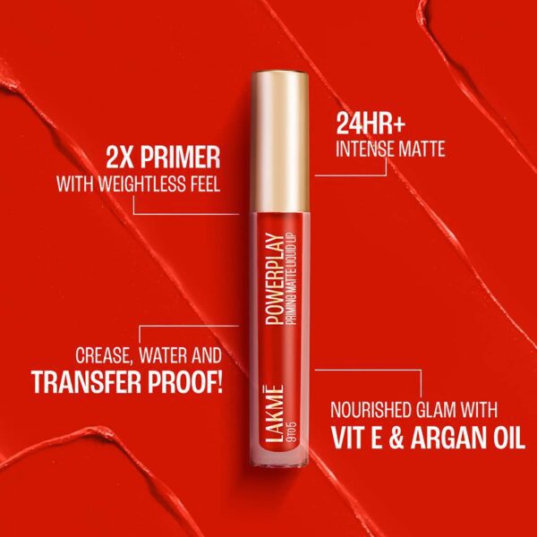 Lakme 9 To 5 Powerplay Priming Matte Liquid Lip - Fiery Scarlet (4.2 ml) - Lakme
