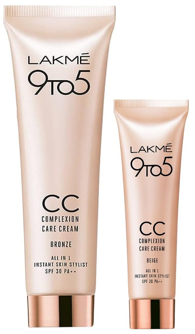 LAKMÉ Complexion Care Acne Prone Face Cream, Glossy Finish Beige, 9G & 9 To 5 Complexion Light Care Face Cc Cream, Bronze, Spf 30, Conceals Dark Spots & Blemishes, 30 G, 2 count