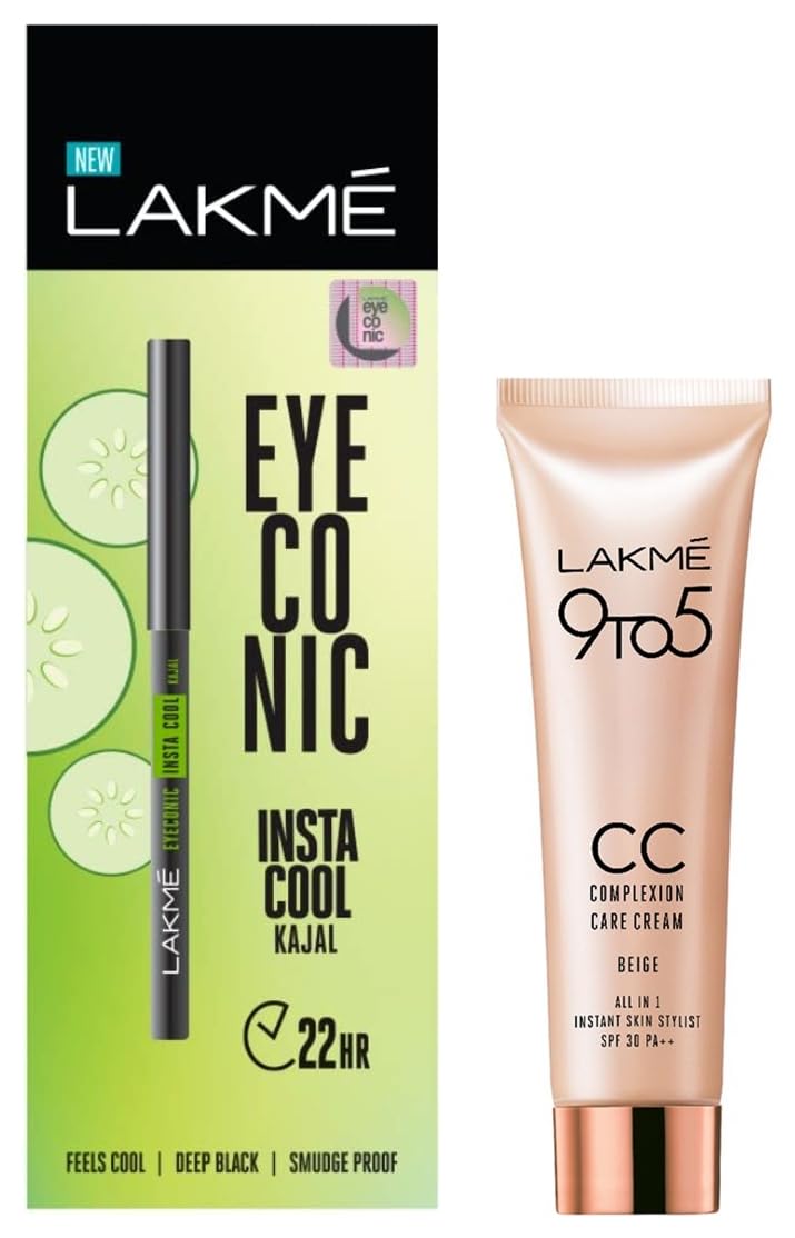 Lakmé Eyeconic Insta Cool Kajal, Black, Cooling Kohl Liner with Cucumber, Twist Up Pencil, 0.35 g & Lakme 9 to 5 CC Cream Mini, 01 - Beige, Light Face Makeup with Natural...