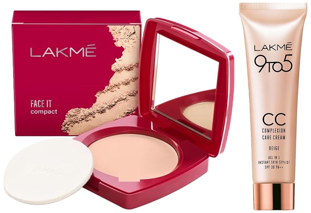 Lakmé Face It Compact, Pearl, 9 g & Lakme 9 to 5 CC Cream Mini, 01 - Beige, Light Face Makeup with Natural Coverage, SPF 30 - Tinted Moisturizer to Brighten Skin, Conceal Dark...