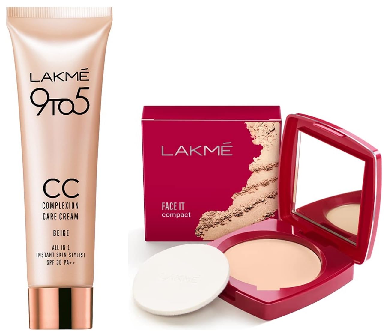 LAKMÉ Face It Compact, Shell, 9 g&LAKMÉ 9 to 5 CC Cream Mini, 01 - Beige, Light Face Makeup with Natural Coverage, SPF 30 - Tinted Moisturizer to Brighten Skin, Conceal Dark...