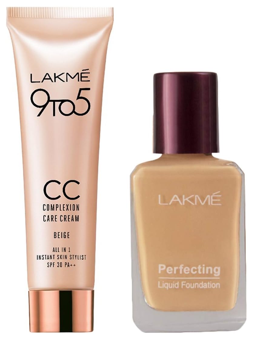 Lakmé Perfecting Liquid Foundation, Pearl, Long Lasting, Waterproof, Full Coverage, 27ml & 9 To 5 CC Cream Mini, 01 - Beige, Light Face Makeup With Natural Coverage, Spf 30, 9g