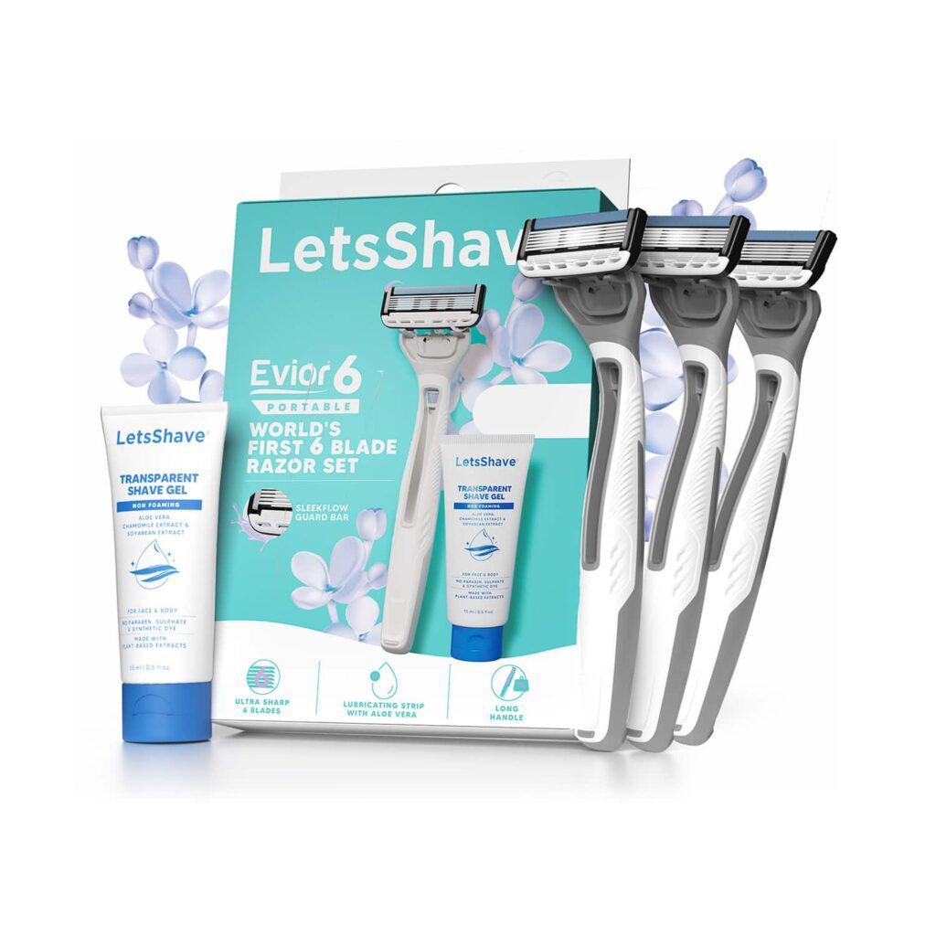 LetsShave Evior 6 Portable Razor and Transparent Shave Gel (4 pcs) - LetsShave