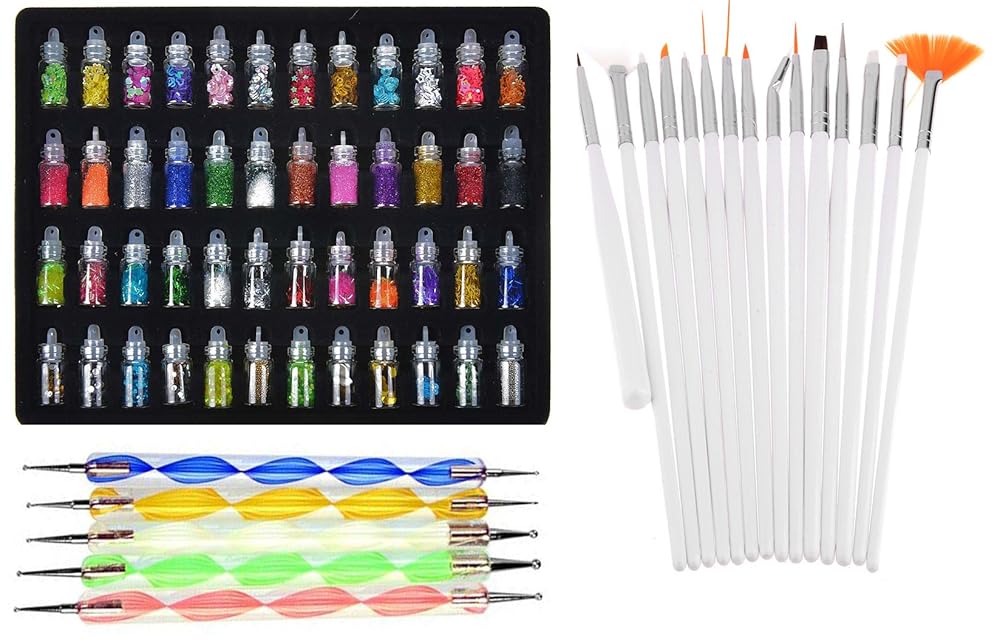 Lifestyle-You Combined deal of Exciting Nail Art Tools 68 Pcs 48 Bottles 3D nail art 15 Pcs Nail Art Brush 5 Pcs Double Sided Nail Dotting Tool Pen.