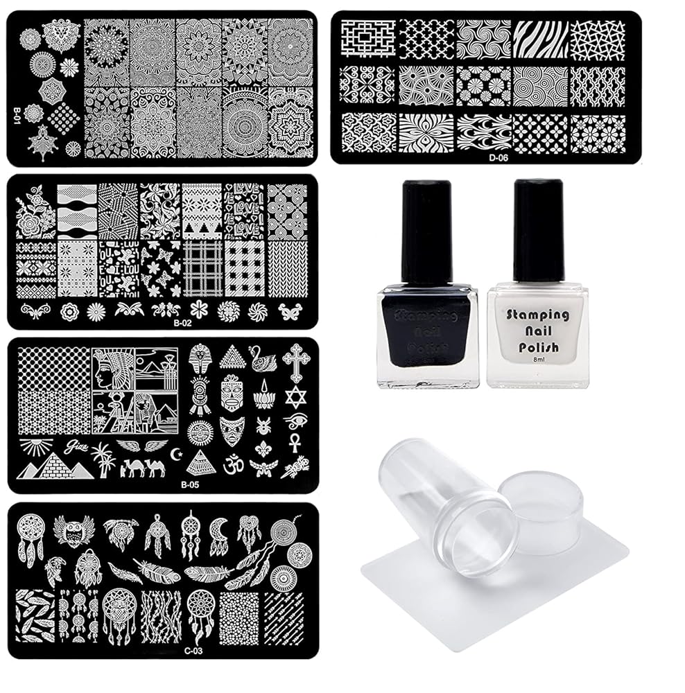 Lifestyle-You Nail Stamping Kit With 5 Rectangular Steel Image Plates Silicone Stamper Scraper & Stamping Nail Polish, Glossy Finish, 16 Ml