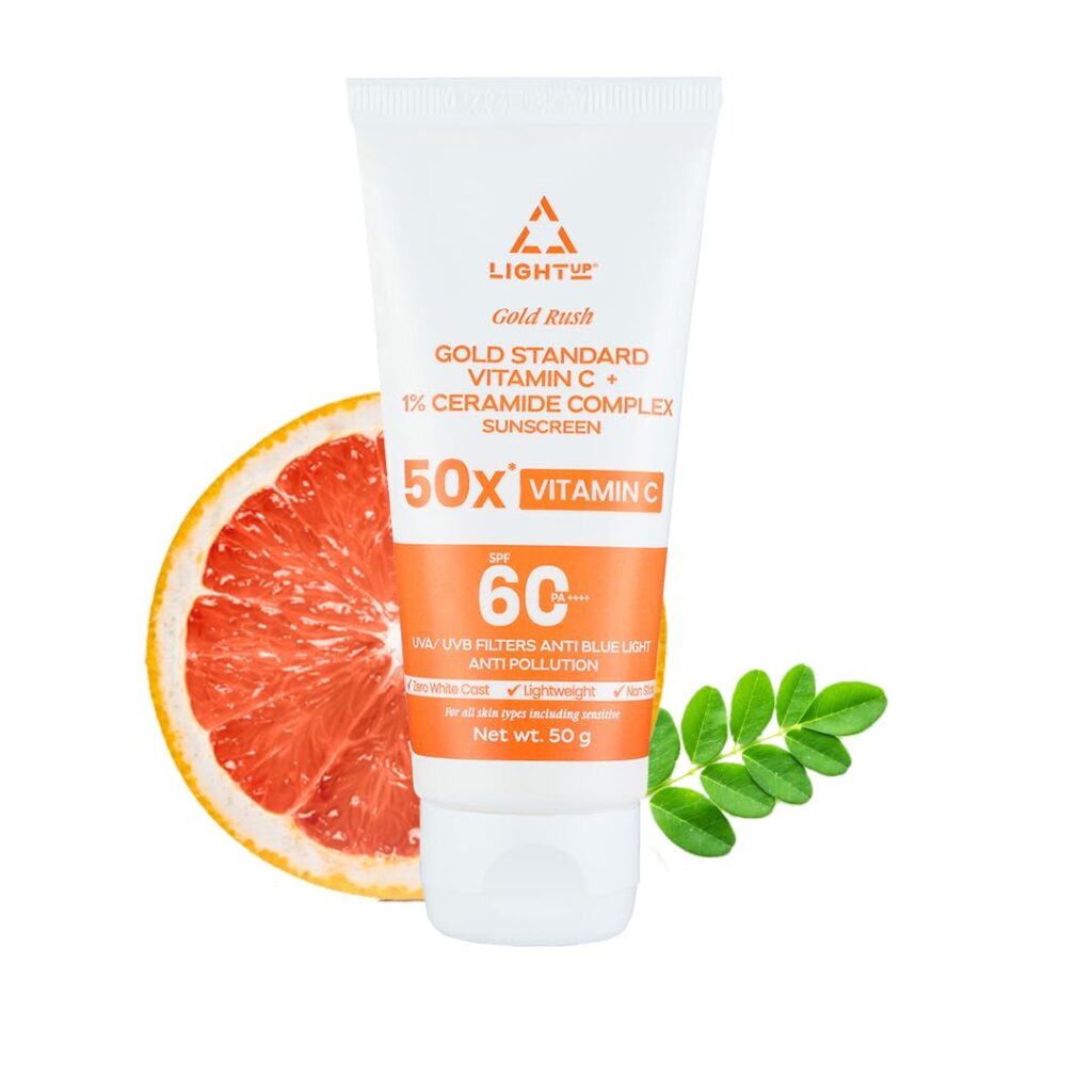 Light Up Gold Rush Gold Standard Vitamin C + 1% Ceramide Complex Sunscreen, Spf 60 Pa ++++, Uva/Uvb Filters Anti Blue Light Anti Pollution - 50G|For All, Normal, Oily, Dry,...