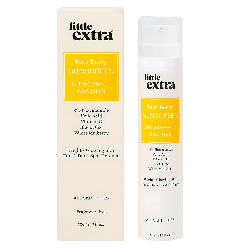 little extra Rice Berry Sunscreen, Spf 50 Pa++++, Uva/B, Fast Absorbing, With Niacinamide, Kojic Acid, Vitamin C, Black Rice Water For Bright, Glowing Skin, No White Cast, Light...