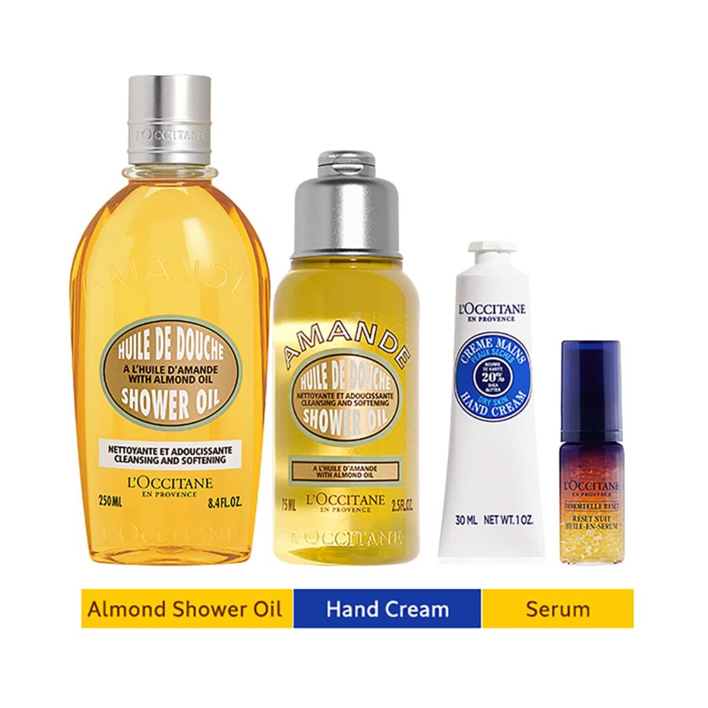 L'Occitane Ultimate Best-Seller Collection Combo -Shea Hand Cream,Almond Shower Oil,Immortelle Serum - L'occitane