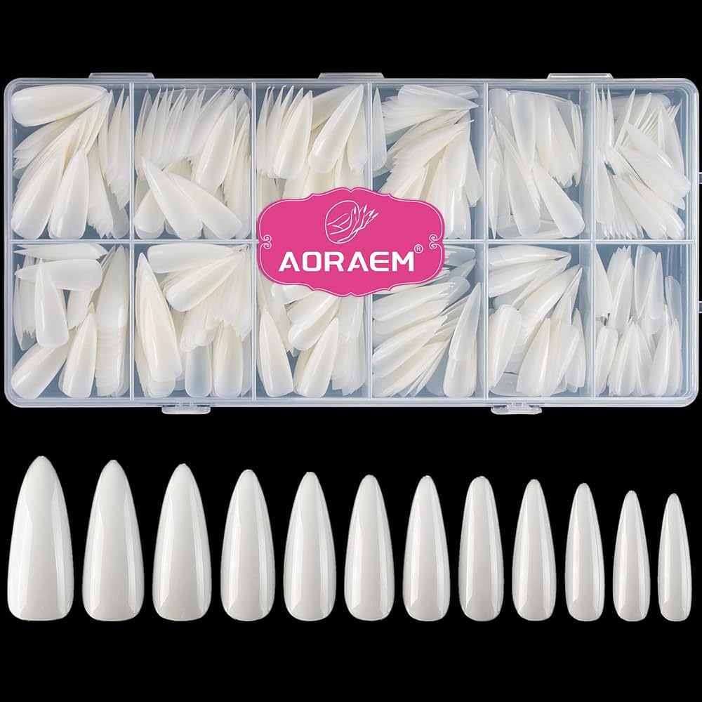Long Stiletto Sharp False Nails Natural Claw Full Cover Artificial Fake Nail Art Tip 500Pcs For Nail Salon,10 Sizes (Natural)