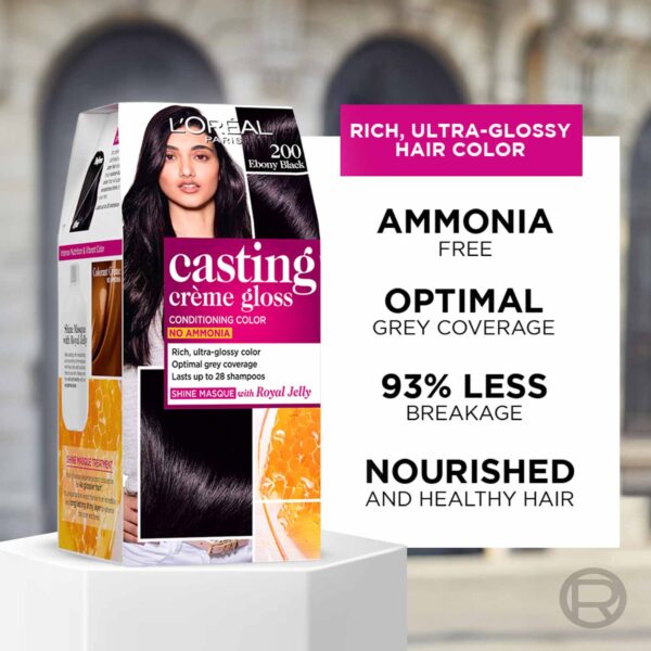 L'Oreal Paris Casting Creme Gloss Hair Color - 200 Ebony Black (87.5g+72ml) - L'Oreal Paris
