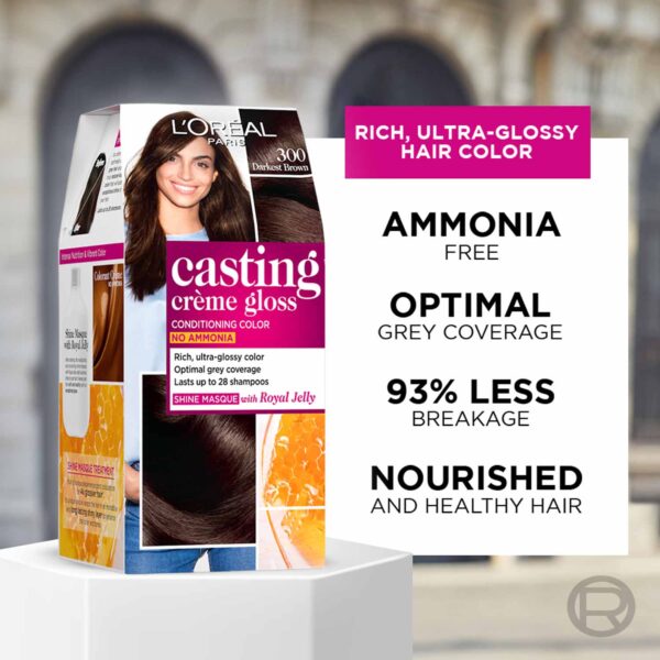 L'Oreal Paris Casting Creme Gloss Hair Color, 300 Darkest Brown, 87.5g+72ml - L'Oreal Paris