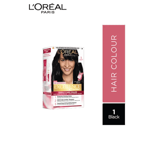 L'Oreal Paris Excellence Creme Hair Color, 1 Black, 72ml+100g - L'Oreal Paris