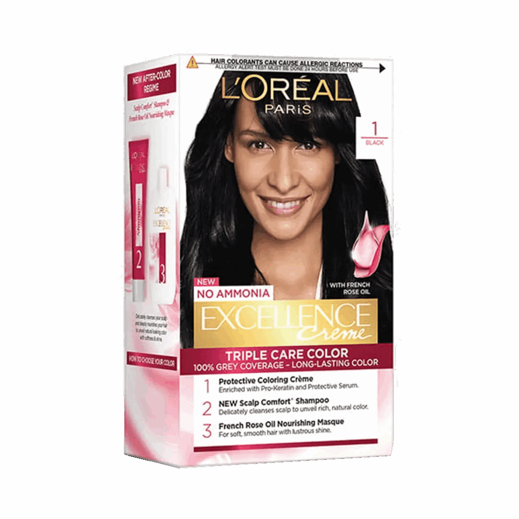 L'Oreal Paris Excellence Creme Hair Color, 1 Black, 72ml+100g - L'Oreal Paris