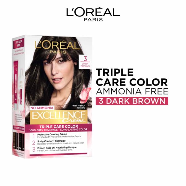 L'Oreal Paris Excellence Creme Hair Color, 3 Dark Brown/Natural Darkest Brown, 72ml+100g - L'Oreal Paris