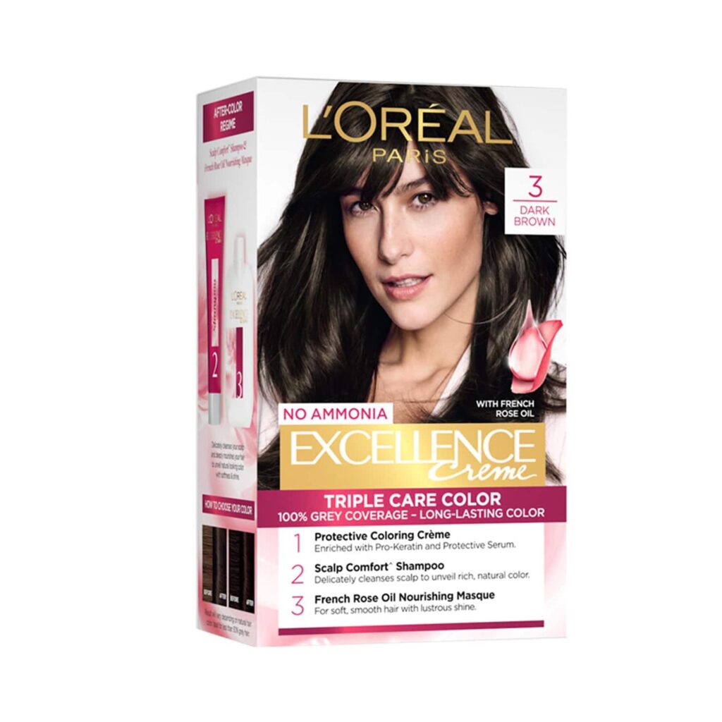 L'Oreal Paris Excellence Creme Hair Color, 3 Dark Brown/Natural Darkest Brown, 72ml+100g - L'Oreal Paris