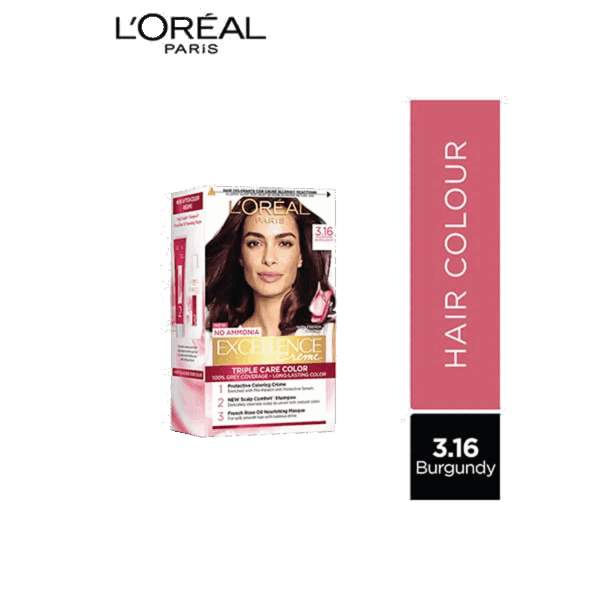 L'Oreal Paris Excellence Creme Hair Color, 3.16 Burgundy, 72ml+100g - L'Oreal Paris
